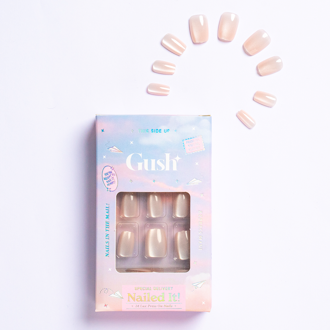 Crème, Cat Eye with Nail Glue + Nail Glue Sticker | Medium, Square Press-On Nails