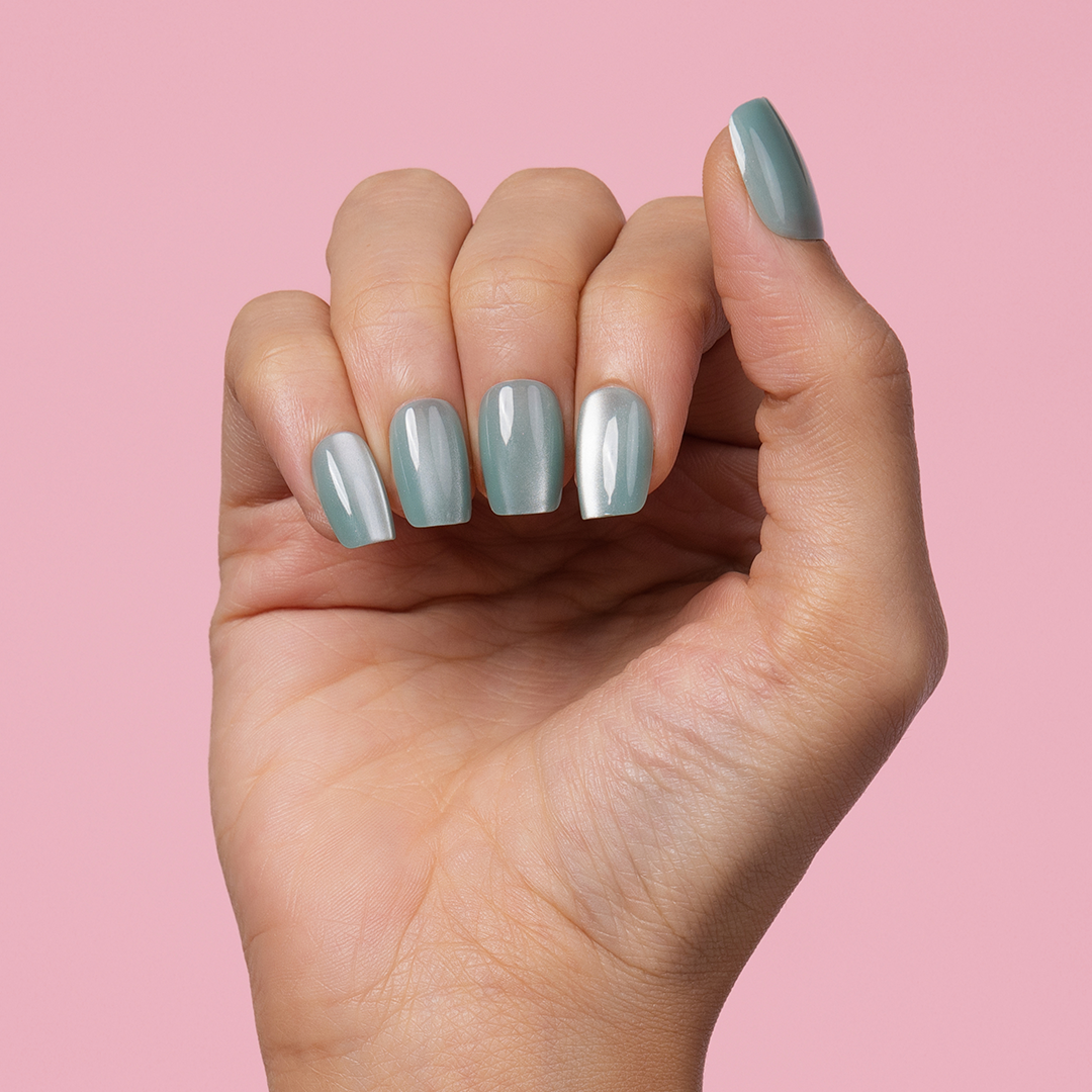 Blue Taffy, Cat Eye with Nail Glue + Nail Glue Sticker | Medium, Square Press-On Nails