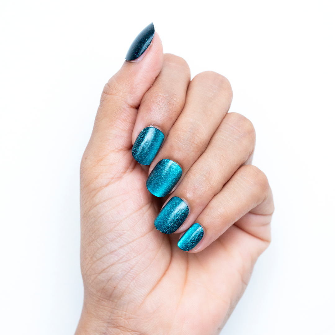Deep Sea Siren, Shimmer Chrome with Nail Glue + Nail Glue Sticker | Medium, Square Press-On Nails