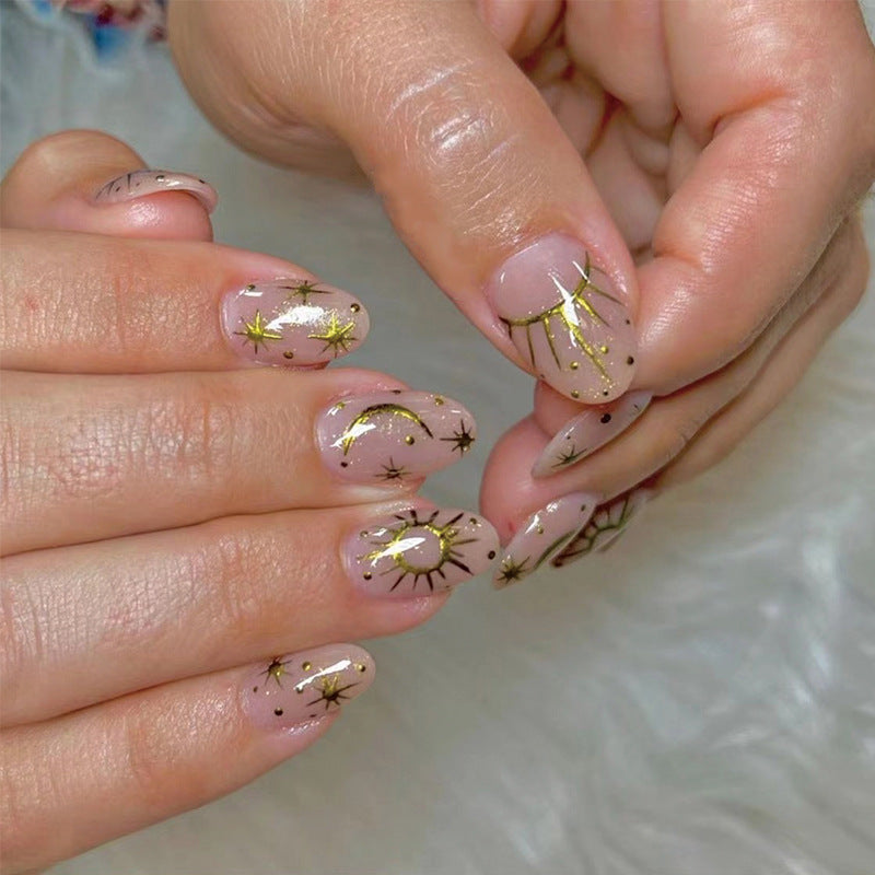 Celestial Gold, Abstract with Nail Glue + Nail Glue Sticker | Medium, Round Press-On Nails