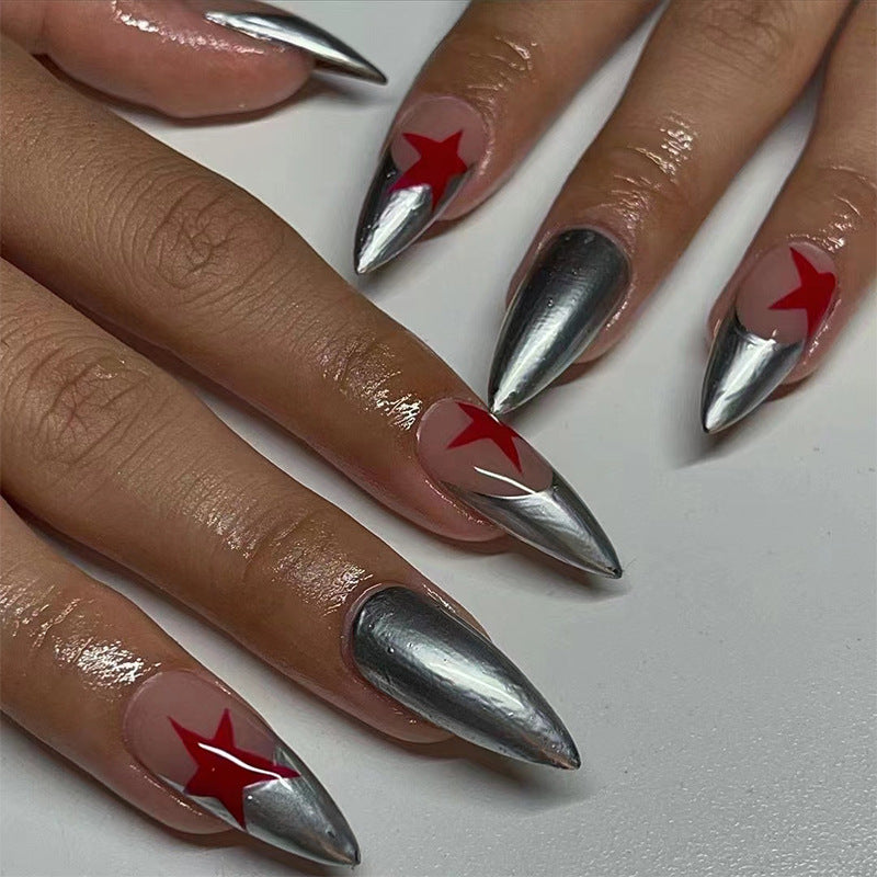 Oxidised Silver Stars - Long Almond - Press on Nails