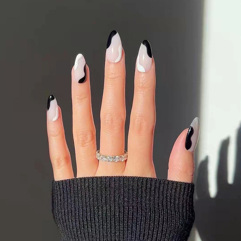 Noir Swirls, Abstract with Nail Glue + Nail Glue Sticker | Medium, Almond Press-On Nails