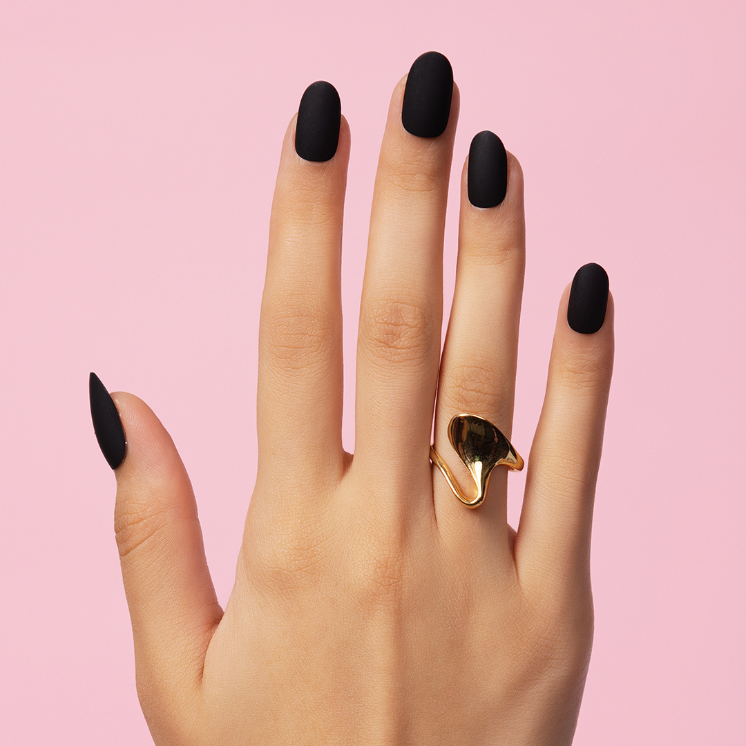 Matte Black, Matte with Nail Glue + Nail Glue Sticker | Medium, Round Press-On Nails