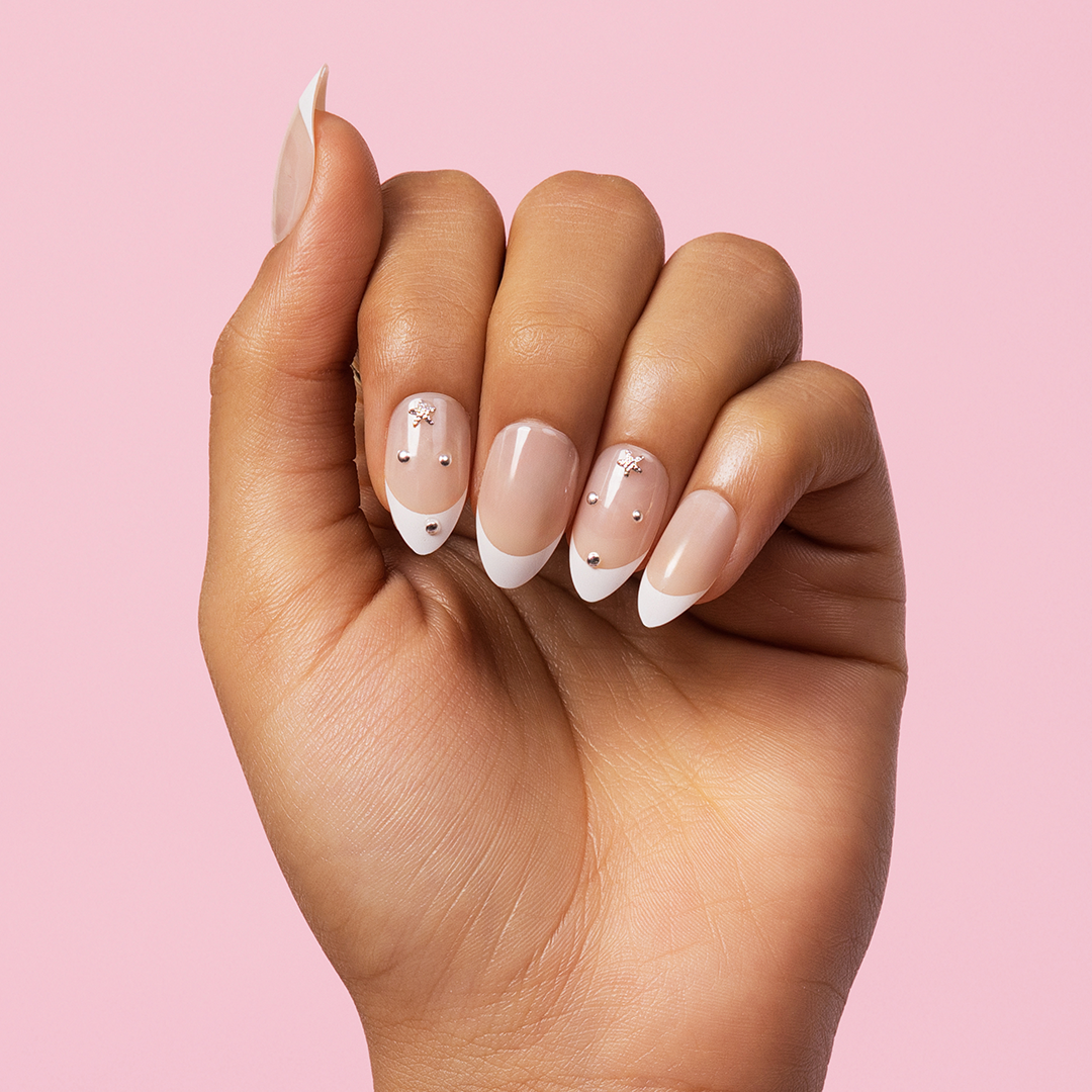 Fine French, French Tip with Nail Glue + Nail Glue Sticker | Medium, Almond Press-On Nails