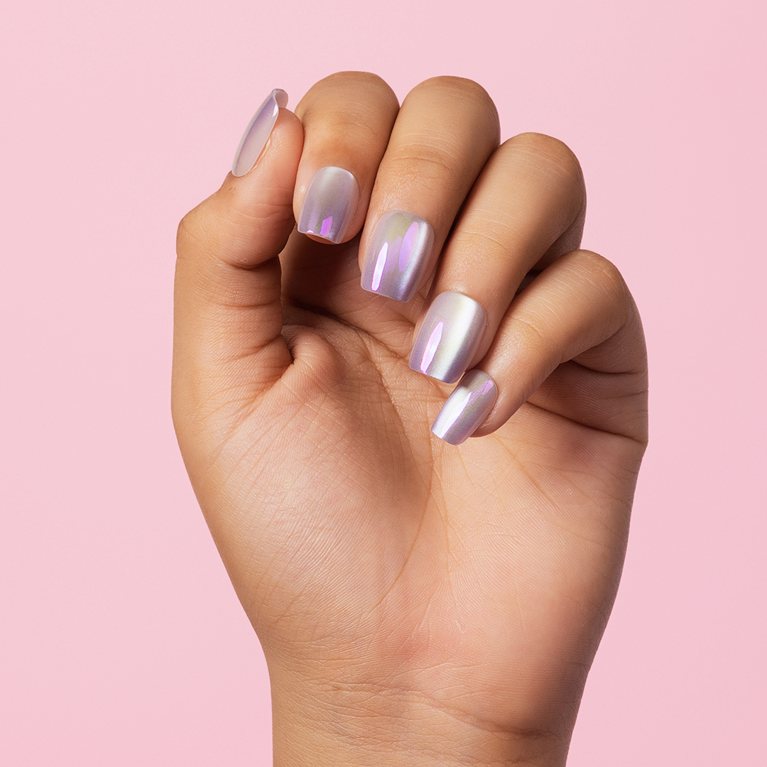 Pearl Crystals, Chrome with Nail Glue + Nail Glue Sticker | Medium, Square Press-On Nails