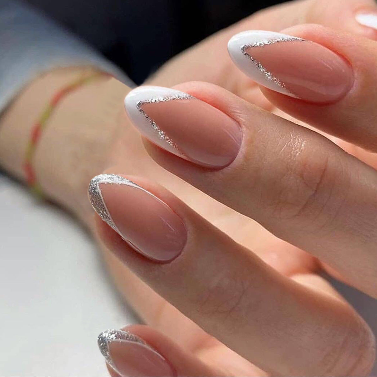 Shimmery French Tips - Short Round - Press on Nails