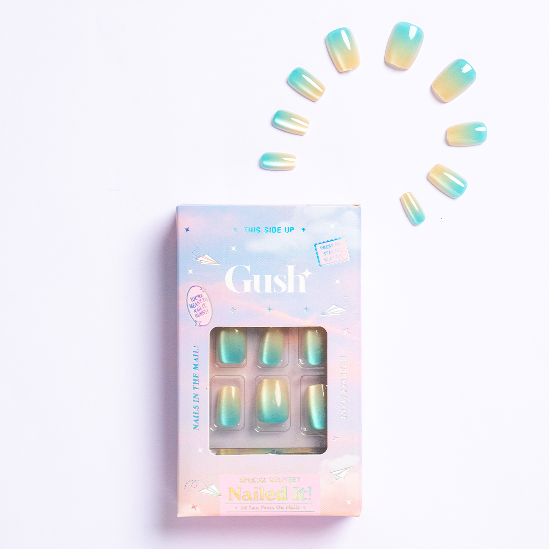 Ocean, Cat Eye with Nail Glue + Nail Glue Sticker | Medium, Square Press-On Nails
