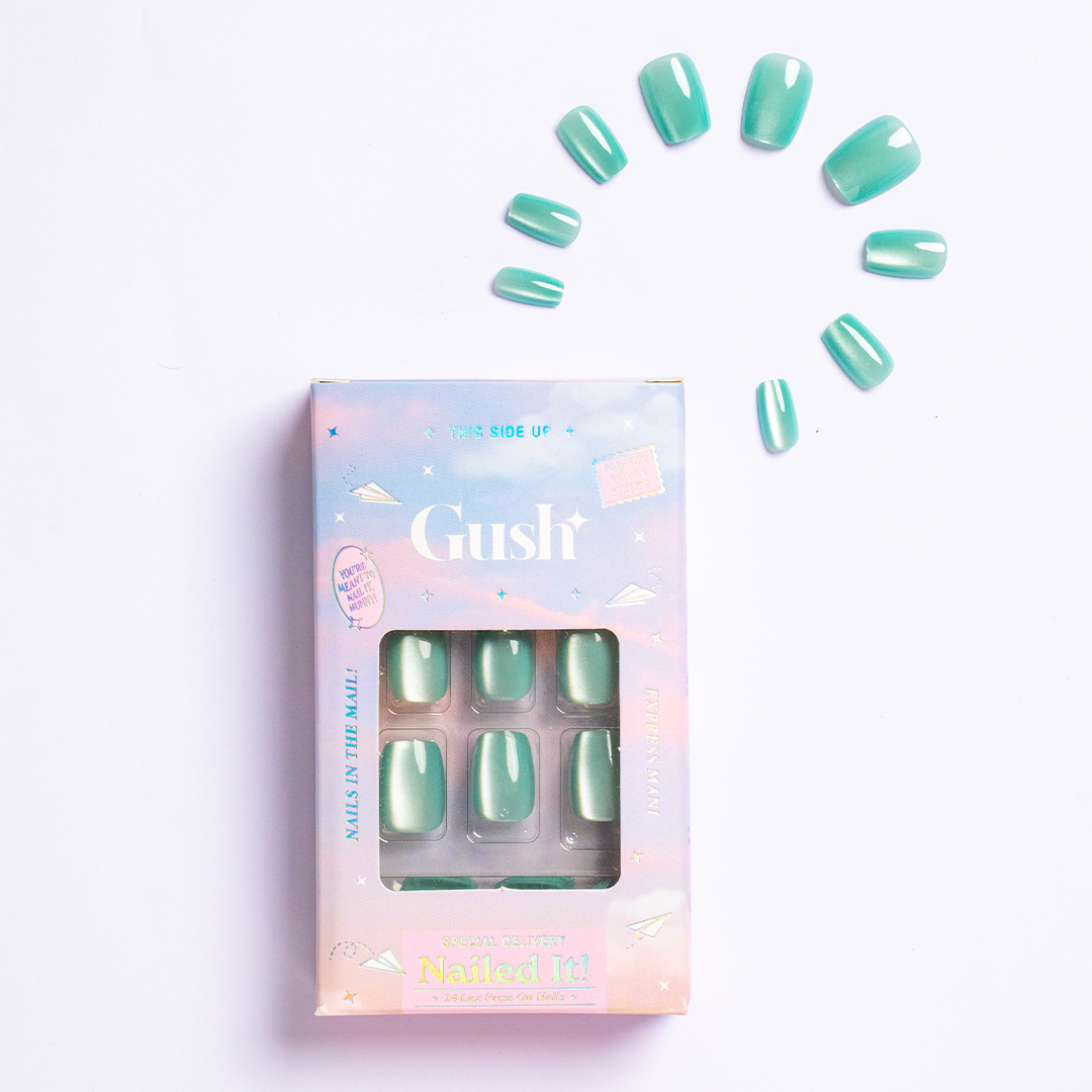 Blue Taffy, Cat Eye with Nail Glue + Nail Glue Sticker | Medium, Square Press-On Nails