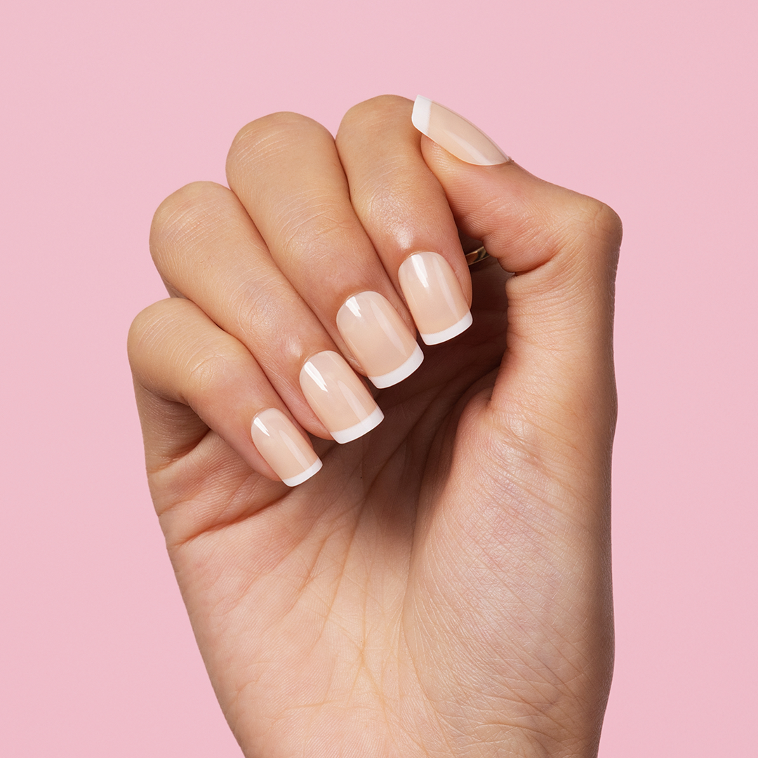 Square Nude, French Tip with Nail Glue + Nail Glue Sticker | Short, Square Press-On Nails