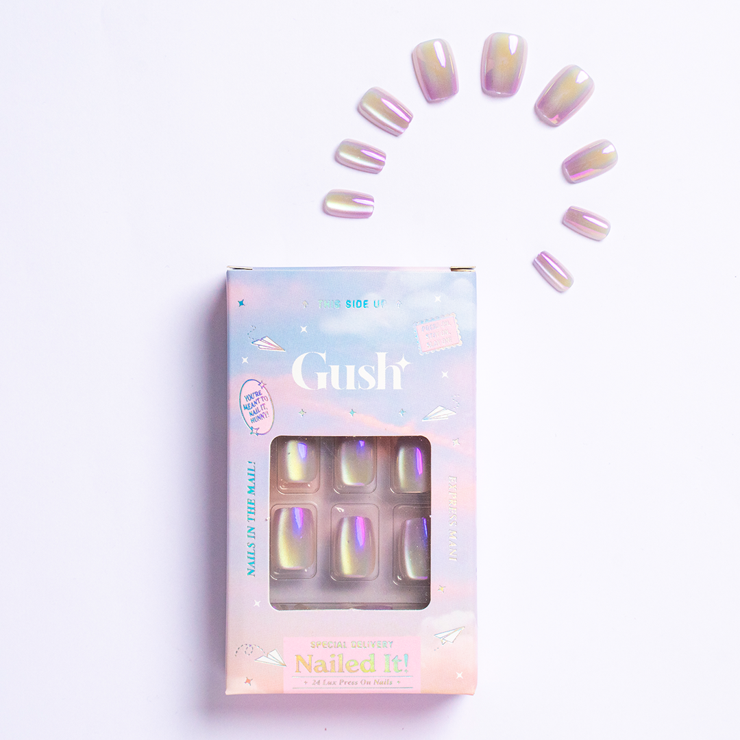 Pearl Crystals, Chrome with Nail Glue + Nail Glue Sticker | Medium, Square Press-On Nails