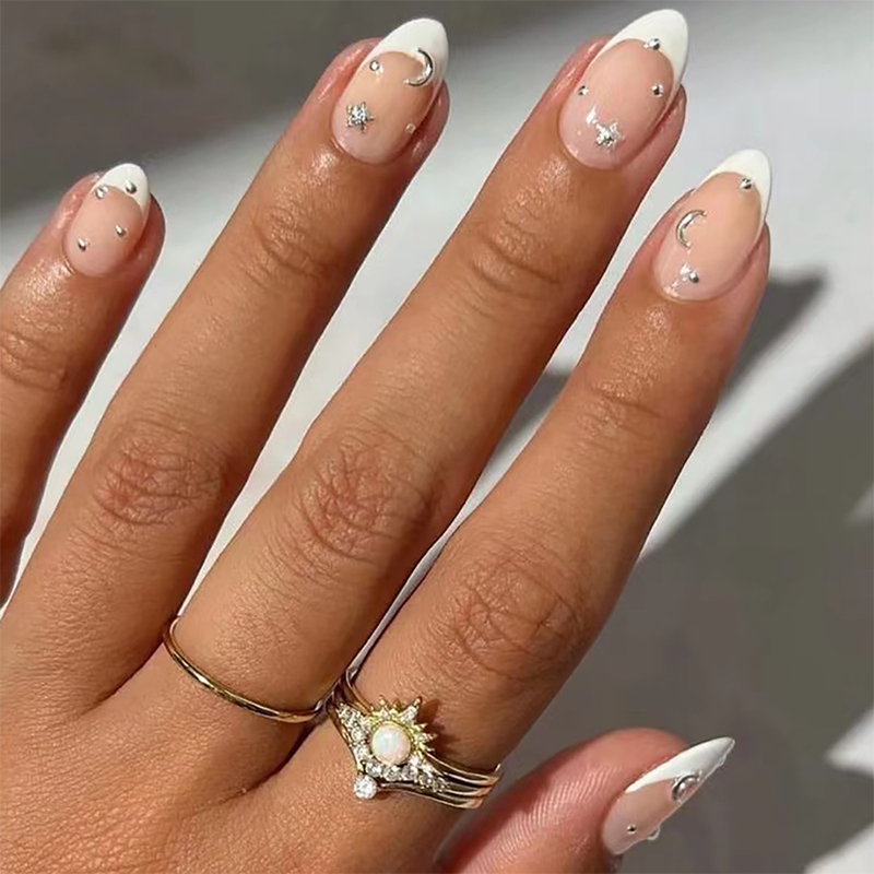 Fine French, French Tip with Nail Glue + Nail Glue Sticker | Medium, Almond Press-On Nails