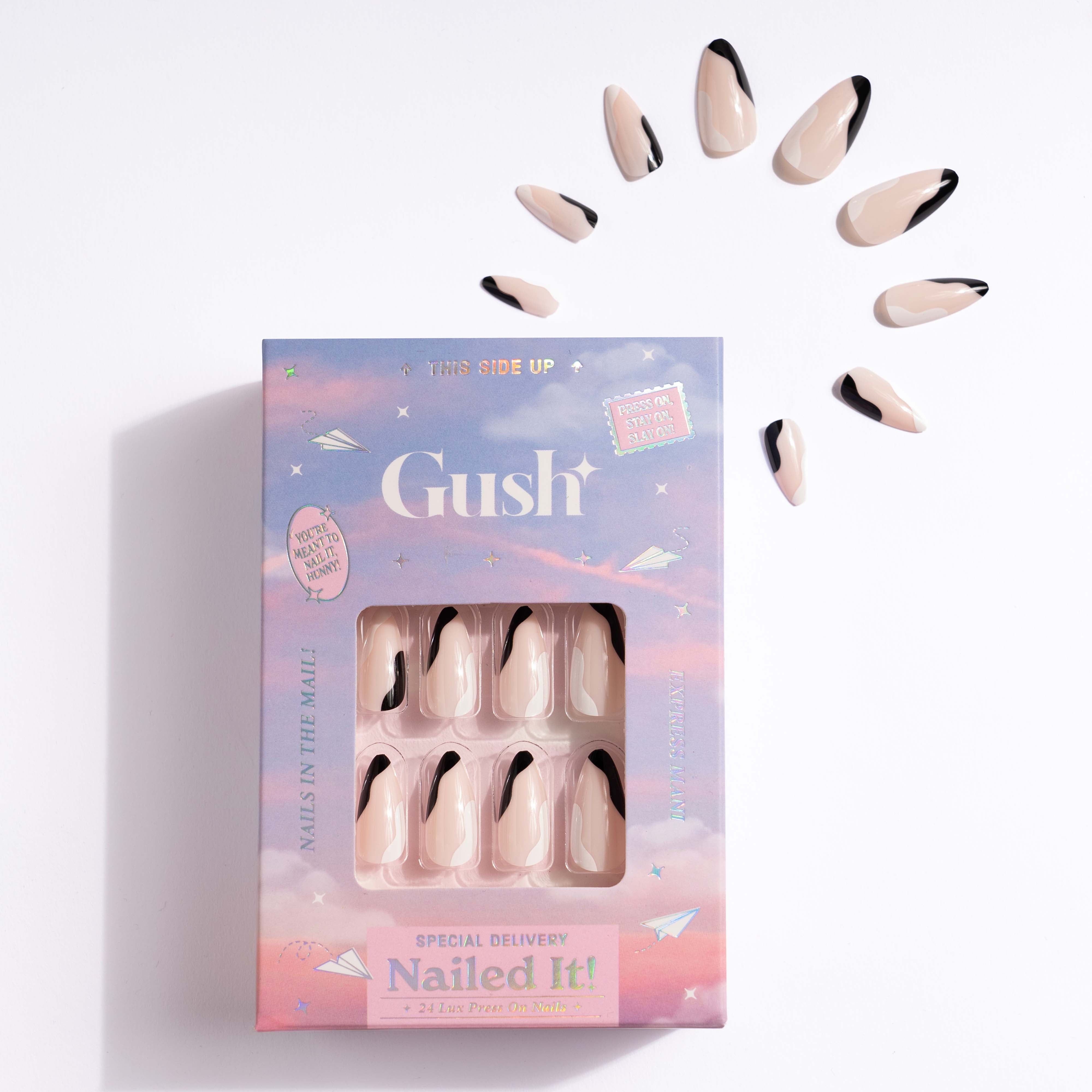 Noir Swirls, Abstract with Nail Glue + Nail Glue Sticker | Medium, Almond Press-On Nails