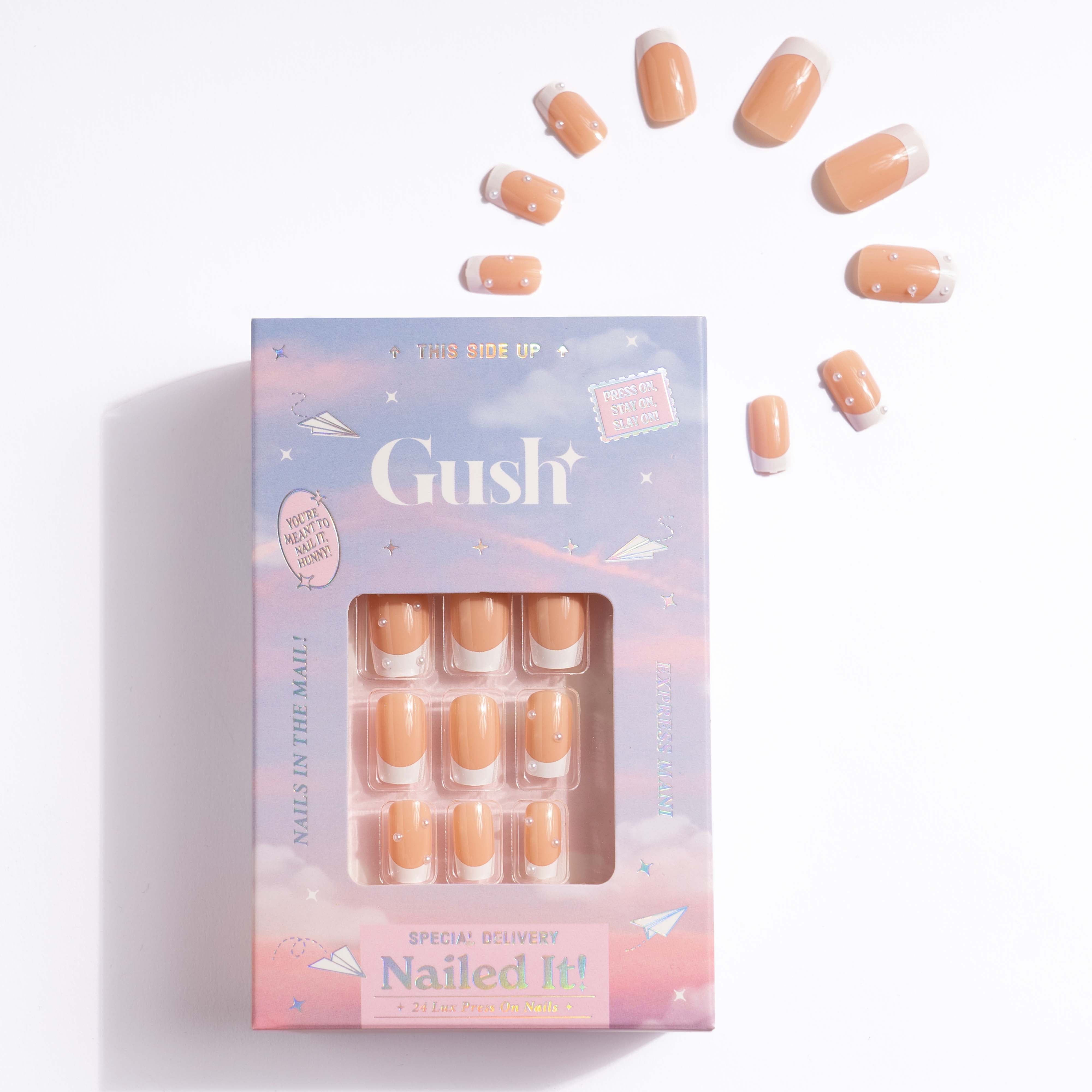 French Gems, French Tip with Nail Glue + Nail Glue Sticker | Medium, Square Press-On Nails