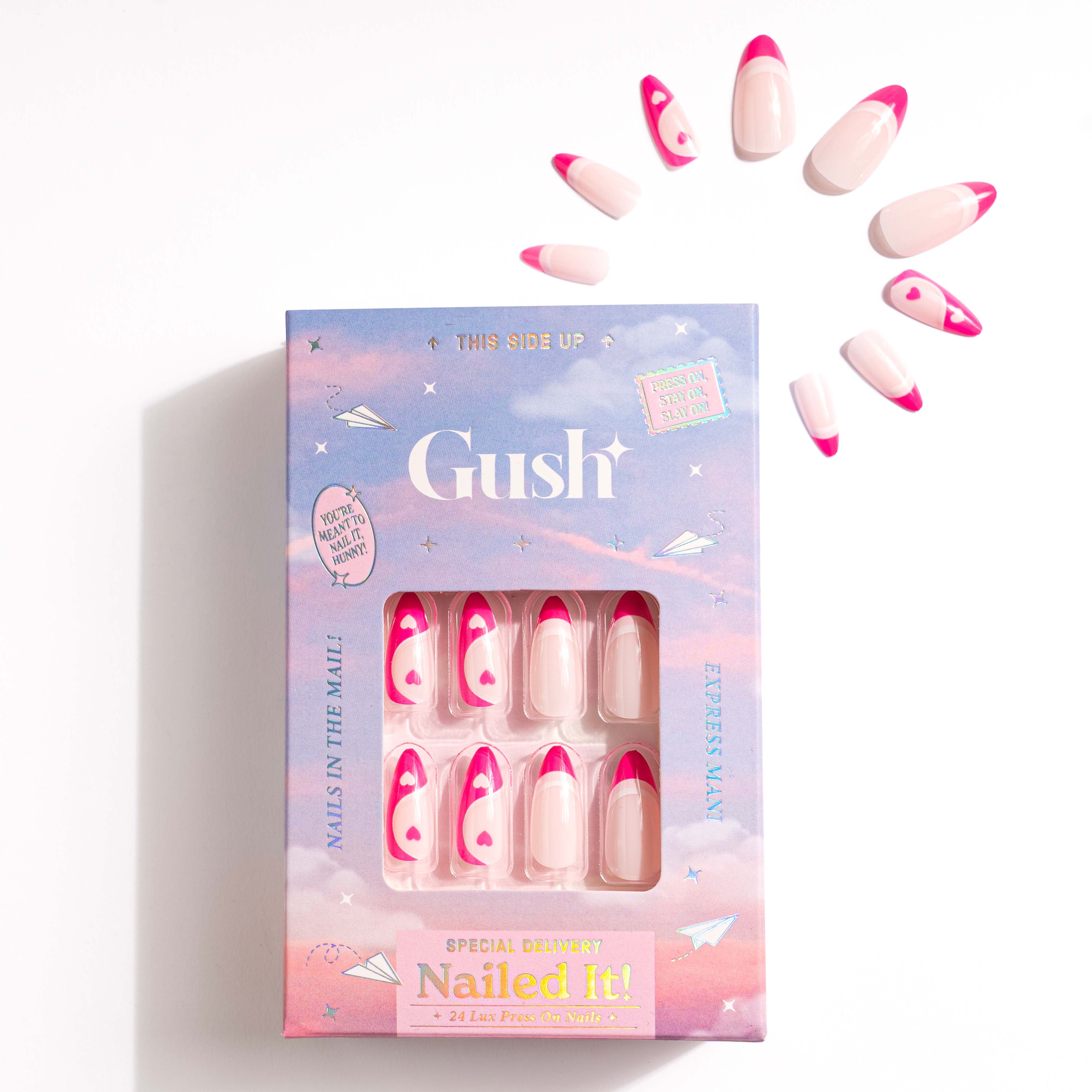Neon Pink Hearts - Long Almond - Press on Nails