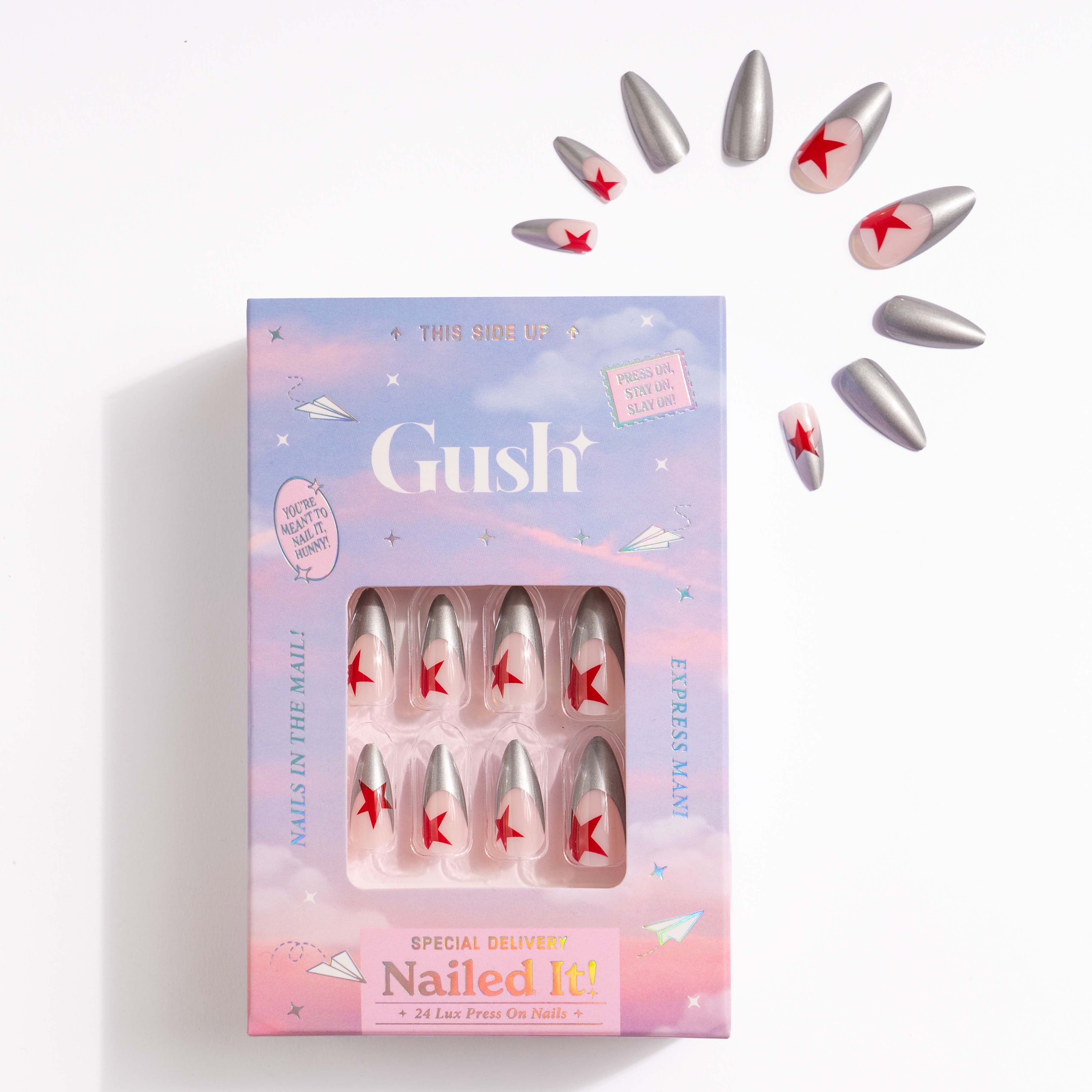 Oxidised Silver Stars - Long Almond - Press on Nails
