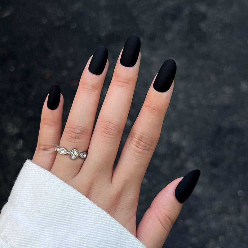 Matte Black, Matte with Nail Glue + Nail Glue Sticker | Medium, Round Press-On Nails