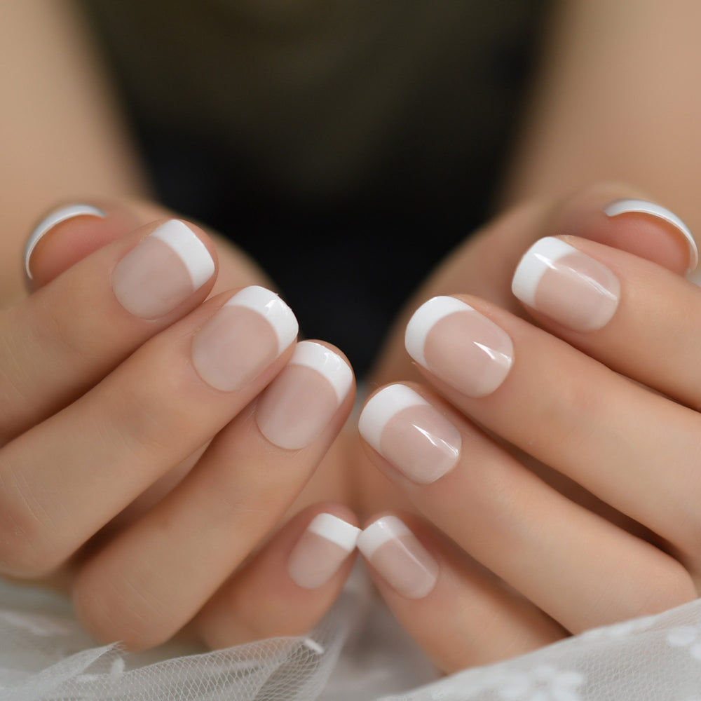 Winter, French Tip with Nail Glue + Nail Glue Sticker | Short, Squoval Press-On Nails