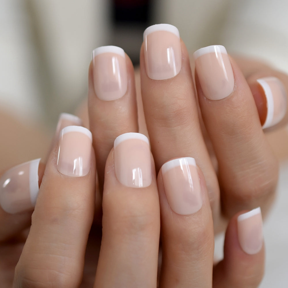 Square Nude, French Tip with Nail Glue + Nail Glue Sticker | Short, Square Press-On Nails