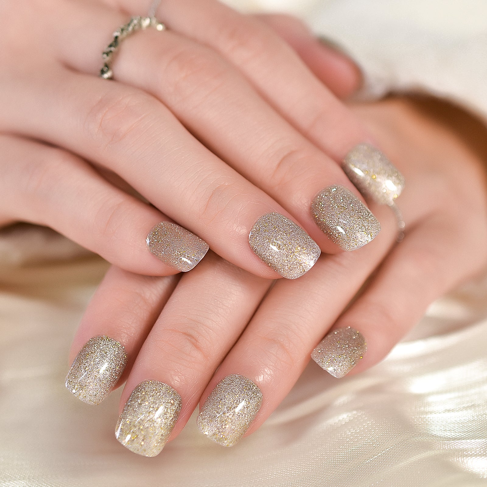Alice, Glitter with Nail Glue + Nail Glue Sticker | Short, Squoval Press-On Nails