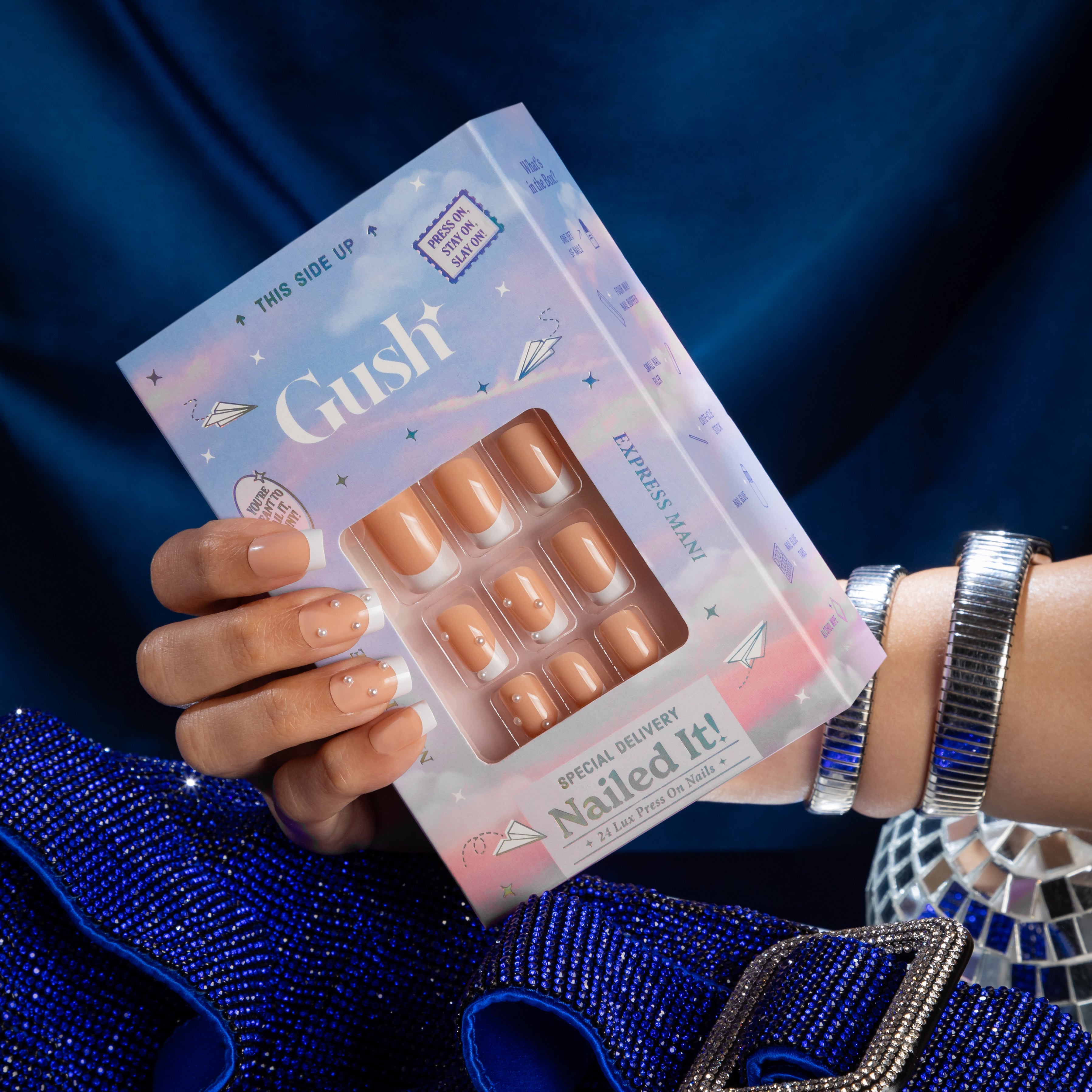 French Gems, French Tip with Nail Glue + Nail Glue Sticker | Medium, Square Press-On Nails