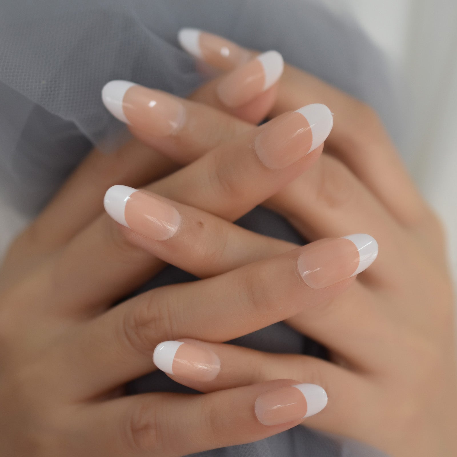 Manicure, French Tip with Nail Glue + Nail Glue Sticker | Medium, Round Press-On Nails