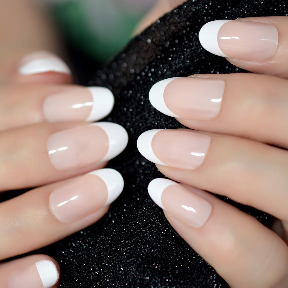 Manicure, French Tip with Nail Glue + Nail Glue Sticker | Medium, Round Press-On Nails