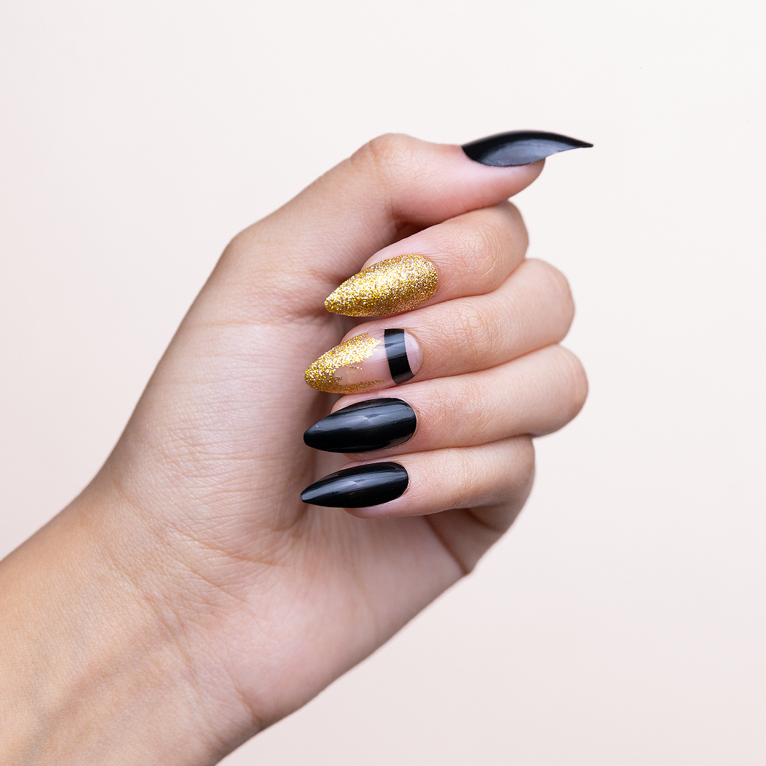 Black Nails With Gold Glitter- Medium Stiletto
