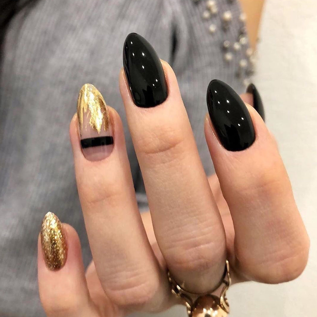 Black Nails With Gold Glitter- Medium Stiletto Press On Nails Stick On Nails Fake Nails Artificial Nails India | Gush Beauty
