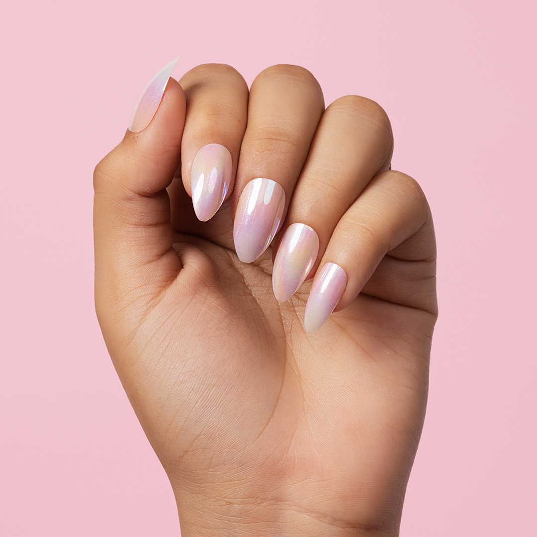 Long, Almond Press-On Nails (Fairy Dust, Chrome) with Nail Glue + Nail Glue Sticker