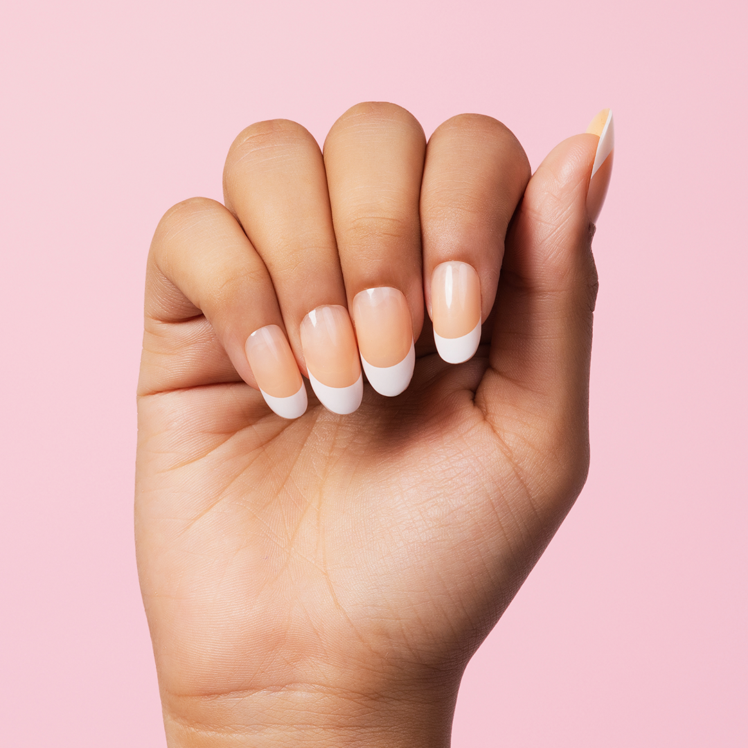 Medium, Round Press-On Nails (Manicure, French Tip) with Nail Glue + Nail Glue Sticker