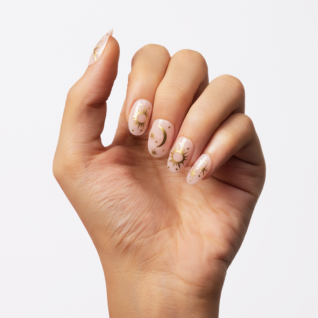 Celestial Gold, Abstract with Nail Glue + Nail Glue Sticker | Medium, Round Press-On Nails
