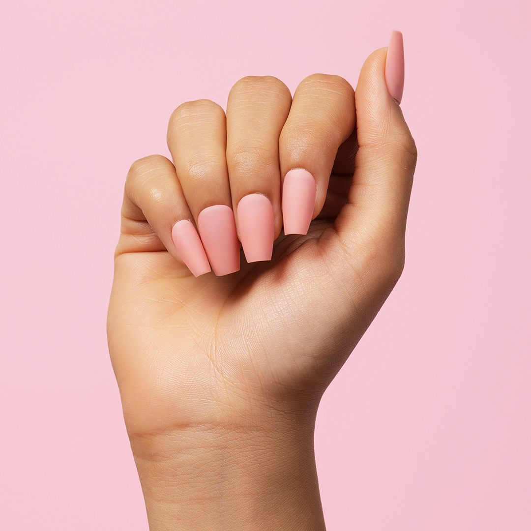 Long, Coffin Press-On Nails (Pretty Pink, Matte) with Nail Glue + Nail Glue Sticker