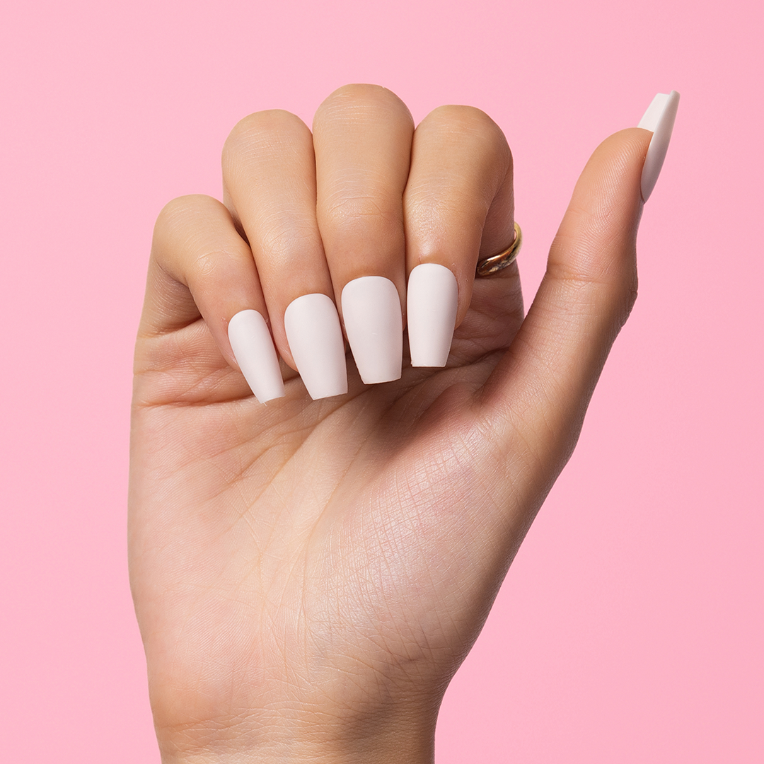 Long, Coffin Press-On Nails (White Lies, Matte) with Nail Glue + Nail Glue Sticker